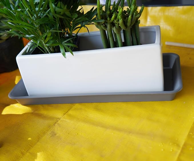 VUWEZ 2 Pack Plastic Plant Trays, Rectangular, Indoors/Outdoors, Drip Tray for Flower Pots, Windowsill (6 x 11 Inch, Gray)