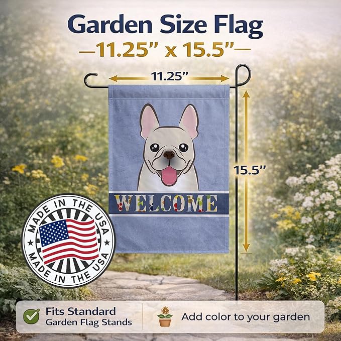 Caroline's Treasures BB1424GF French Bulldog Welcome Garden Flag, Blue Mailbox Flag Decorative Yard Flag Banner Outside Patio Artwork Yard Flower Beds, Garden Size, Multicolor