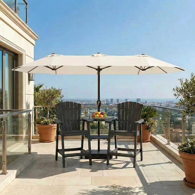15FT Large Patio Umbrella with Base Included, Double Sided Outdoor Market Umbrella with Flexible Fiberglass Ribs, UV-Blocking Extra Large Umbrella for Garden, Pool, Deck, Creamy White