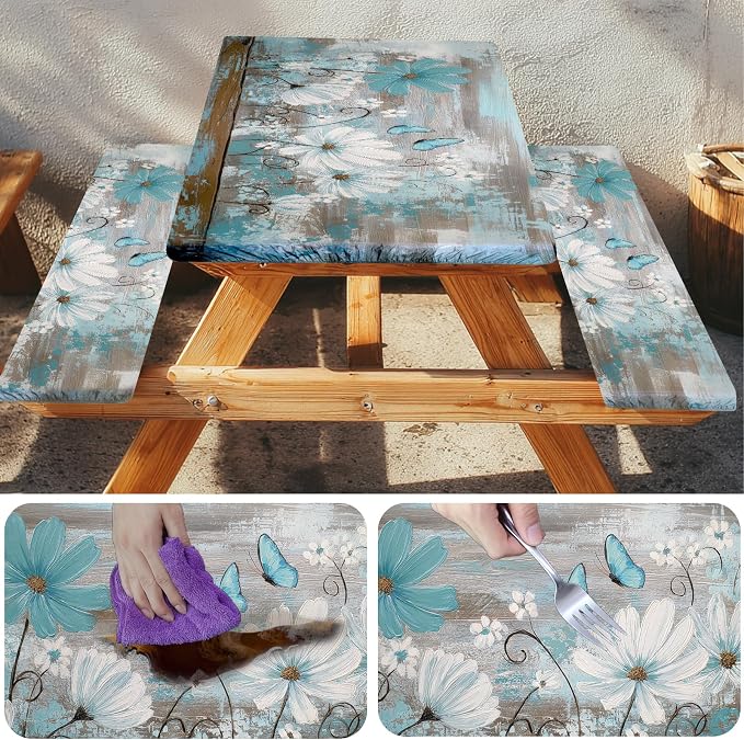 Picnic Table Cover with Bench Covers Elastic Edges, Outdoor Patio Camping Essentials 72 Inch 3PCS, Waterproof Camping Fitted Tablecloth with Handbags (Rustic Daisy Floral Art)