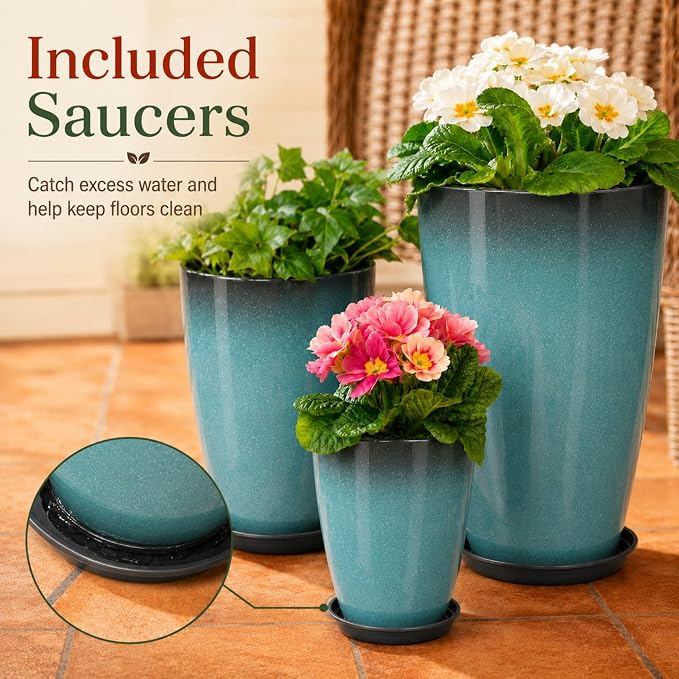 Neoaider Set of 3 Tall Planter, 24/21/12in Large Plastic Planter, Sky Blue | Ceramic-Look, Lightweight, Built-in Drain Hole, Saucers, Tall Outdoor Planter for Porch, Garden, Patio, Balcony