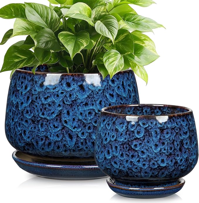 GnFlus Blue Ceramic Planter Pots with Drainage Holes, Set of 2 7''+5'' Saucers Large Round Plant Pot for Indoor-Outdoor Plants, Succulent Orchid Flower
