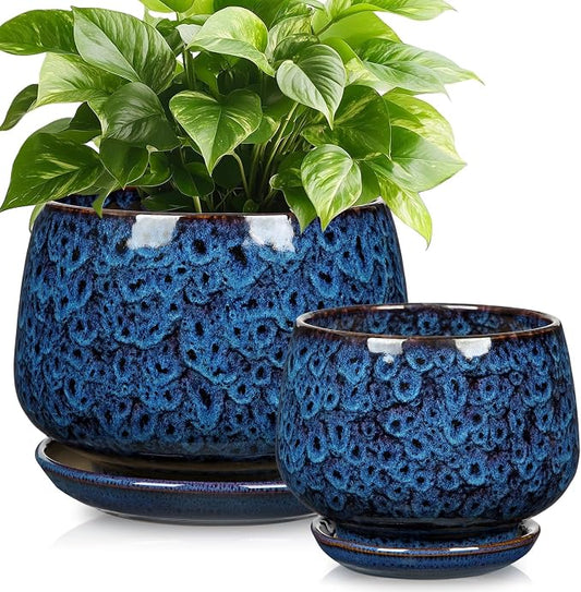 GnFlus Blue Ceramic Planter Pots with Drainage Holes, Set of 2 7''+5'' Saucers Large Round Plant Pot for Indoor-Outdoor Plants, Succulent Orchid Flower