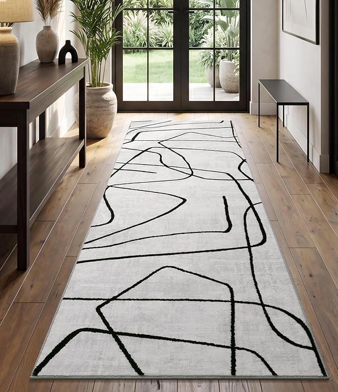 2x6 Washable Modern Black White Kitchen Runner Rug | Ultra-Thin Low Pile, Non-Slip TPE Backing, Soft Stain Resistant, Machine Washable, for Bedroom Livingroom High Traffic