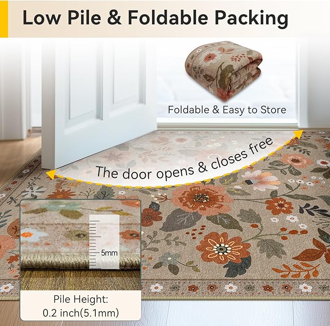 RELEANY Floral Washable 3x5 Area Rugs Brown/Brick | Flower Carpet, Print, Boho, Non-Slip, Easy to Clean, Soft, Low Pile for Living Room Bedroom Kitchen Office Entryway Hallway