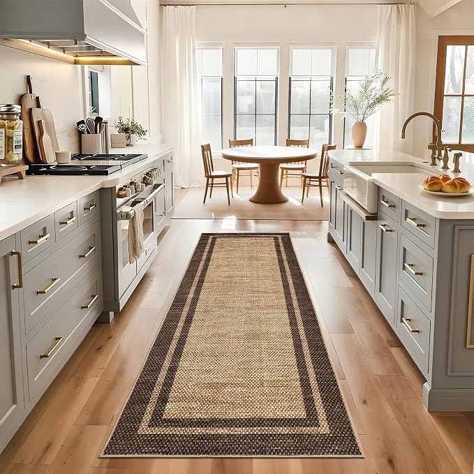 COZYLOOM Bathroom Rug Runner 2x6 Washable Area Rugs for Entryway, Brown | Non Slip Stain Resistant Modern Bordered Non Shedding Low Pile Foldable Soft Mats for Bedroom Hallway Kitchen