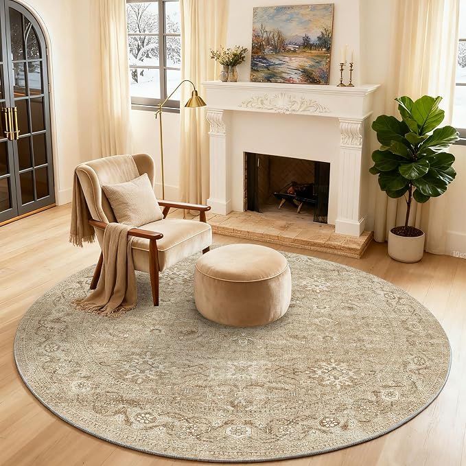 4ft Round Washable Rugs for Bedroom: Circle Living Room Rug Boho Non Slip Low Pile Soft Faux Wool Non Shedding Small Carpet for Kitchen Entryway Bathroom Bedside Office College Dorm Kids Room Entrance