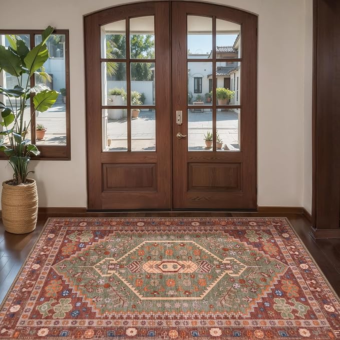 Ciicool Washable 3x5 Area Rug,Boho Non-Slip Indoor Mat for Entryway Kitchen | Oriental Low-Pile Soft Vintage Boho Indoor Entry Carpet for Bedroom Bedside Living Room Laundry Dining Room