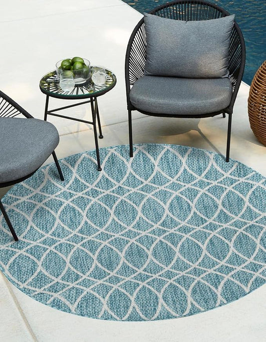 Unique Loom Outdoor Trellis Collection Area Rug - Gitter (3' 1" Round, Light Aqua/ Ivory)