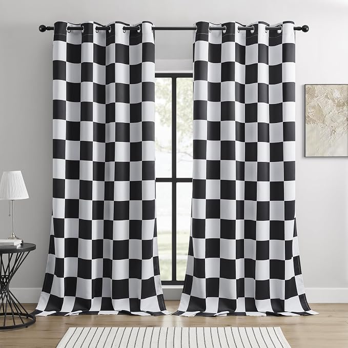 100% Blackout Curtains – Black and White Checkered Race Flag Pattern, 2 Panels, Each W52×L96, Thermal Insulated, Nosie Reducing for Bedroom, Living Room, Race car Drapes