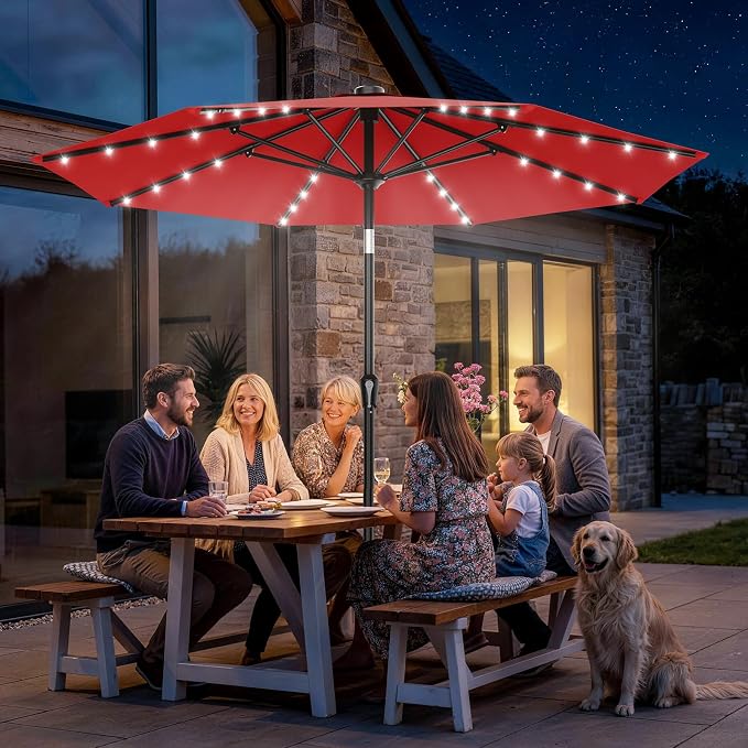 AreShark 9FT Patio Umbrella with Solar Lights, 32 Lighted Pool Umbrella w/Tilt and Crank, Outdoor Market Solar Umbrellas for Garden, Deck, Backyard, Pool and Beach, Red