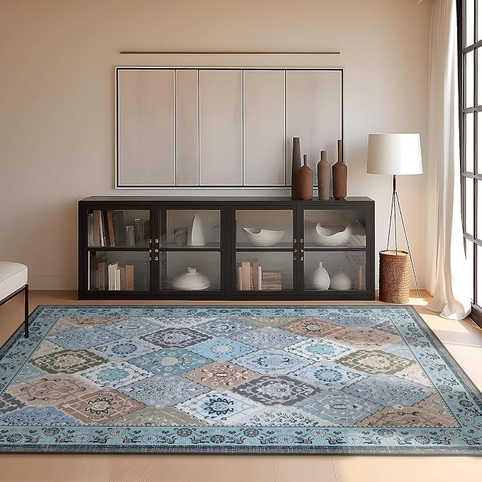 Phantoscope Washable Area Rug 5'x7' Non-Slip, Vintage Boho Rugs for Living Room, Bedroom, Dining Room, Distressed Moroccan Mosaic Diamond Pattern, Low-Pile Foldable Floor Carpet, Blue Teal/Neutral