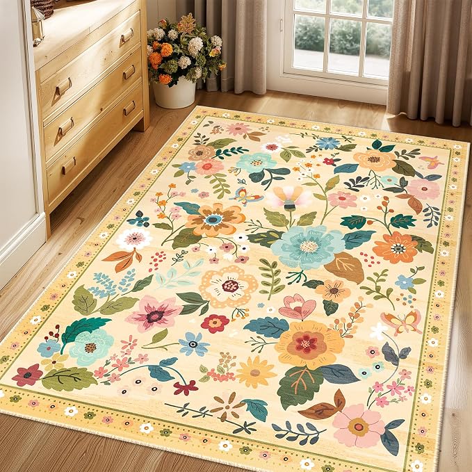 RELEANY Floral Washable 4x6 Area Rugs Yellow/Orange | Flower Carpet, Print, Boho, Non-Slip, Easy to Clean, Soft, Low Pile for Living Room Bedroom Kitchen Office Entryway Hallway