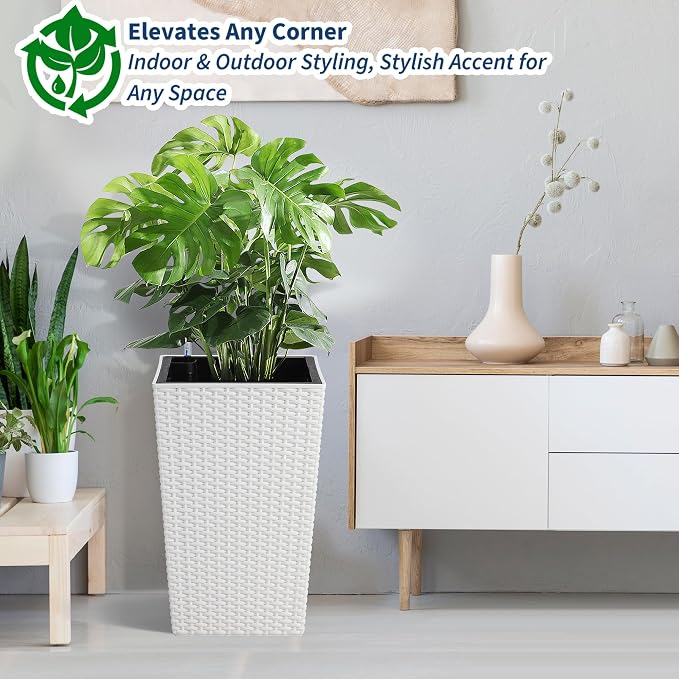 Garvee 16 Inch Tall Planters Set of 4, Self Watering Planters for Outdoor Indoor Plants with Drainage & Water Level Indicator, Tall Flower Pots for Front Porch, Patio, Balcony & Entryway