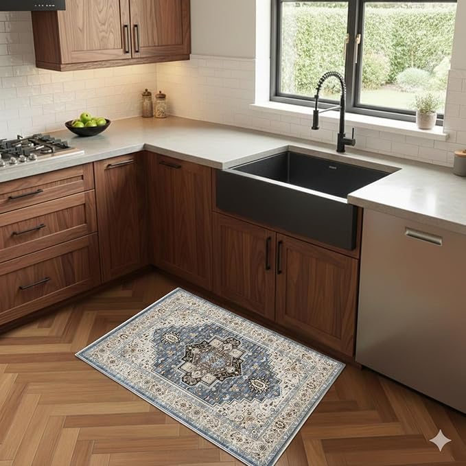 2x3 Area Rug Washable Vintage: Non Slip Throw Rugs for Entryway | Indoor Door Mat for Kitchen Soft Low Pile Thin Small Carpet for Hallway Bedroom Dining Room Home Office Decor