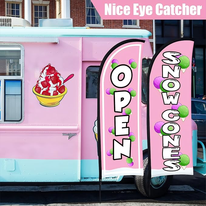 Buryeah 2 Sets Snow Cones Open Feather Flag for Business Advertising 8 ft Feather Flag Sign with Flagpole Ground Stake Portable Bag Snow Cones Banner with Rope for Outside Garden Park Party (Pink)