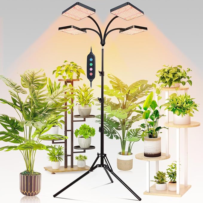 FECiDA 2026 4Head Grow Light with Stand, 100 Watt Power Draw, Bright and Big Coverage Grow Lights for Large Houseplants, Bonsai Tree, 4/8/12/16/20 Hr Timer, 24"-72" Height Adjustable, 360° Gooseneck
