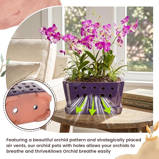 Teenyyou 1 Set Orchid Pot with Holes 9.5 Inch Ceramic Orchid Pot with Saucers for Repotting Amaryllis Flower Planter Include Gardening Shovel Set and Gloves for Home Decor (Purple)