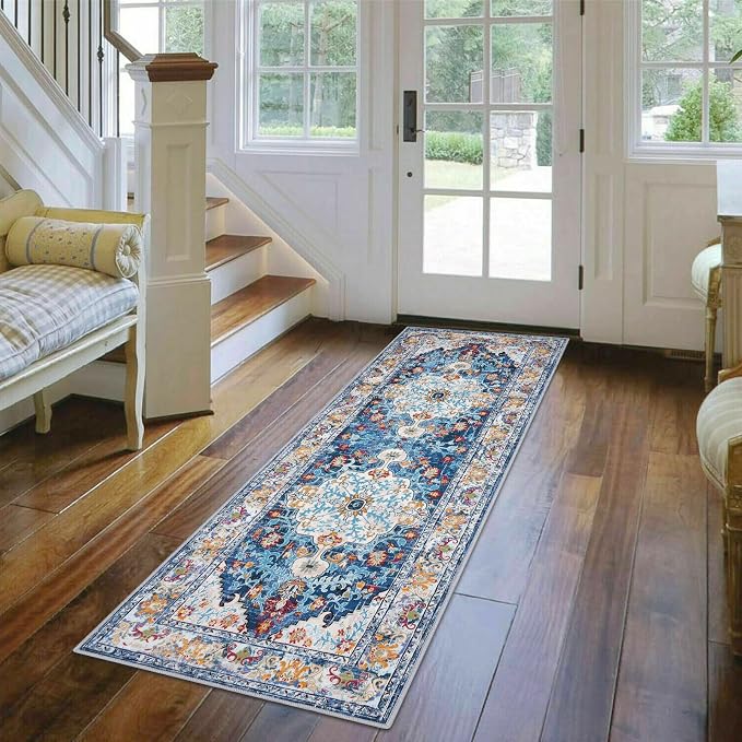 U'Artlines 2' x 6' Boho Hallway Runner Rug Non Slip Washable Runners,Blue | Vintage Farmhouse Kitchen Rug Accent Area Carpet for Entryway Laundry and Living Room