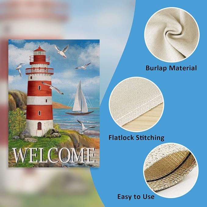 Spring Summer Lighthouse Garden Flag, Coastal Seagull Birds Yard Beach Nautical Sailboat Outside Decoration, Ocean Outdoor Small Burlap Decor Double Sided 12 x 18