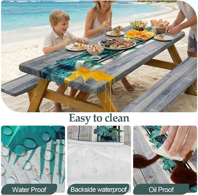 Play Tailor Picnic Table Cover with Bench Covers Camping Essentials Waterproof Windproof Camping Tablecloth with Drawstring Bag, Fitted Rectangle Tables and Seats, 72in, Palm Leaf