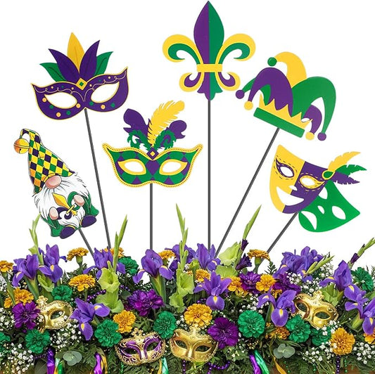 Pickmesh 6 Pcs 12" H Mardi Gras Metal Yard Sign Metal Yard Sign Barn Garden Stake for Mardi Gras Planter Pot Walkway Pathway Outdoor Decor Lawn Decoration