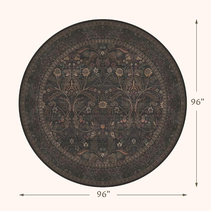 Washable 8ft Large Round Area Rug for Living Room, Black and Brown Moody Floral Circle Carpet, Cottagecore Aesthetic Floor Rug for Bedroom, Non-Slip Stain Resistant Carpet for Dining Room