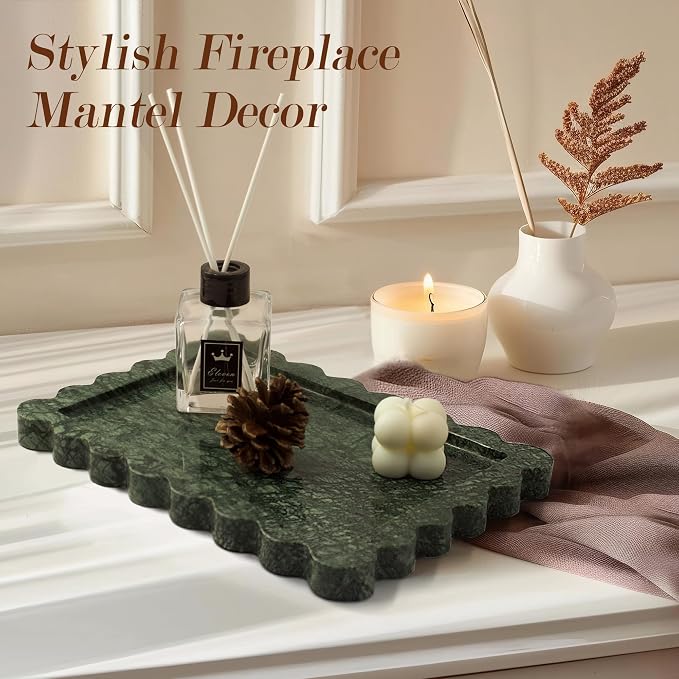YMXYJM Genuine Indian Green Scalloped Marble Tray, Real Natural Marble Stone Trays, Luxury Decorative Trays for Bathroom, Dresser, Vanity, Home Decor, 10.6" x 8", Dark Emerald Green
