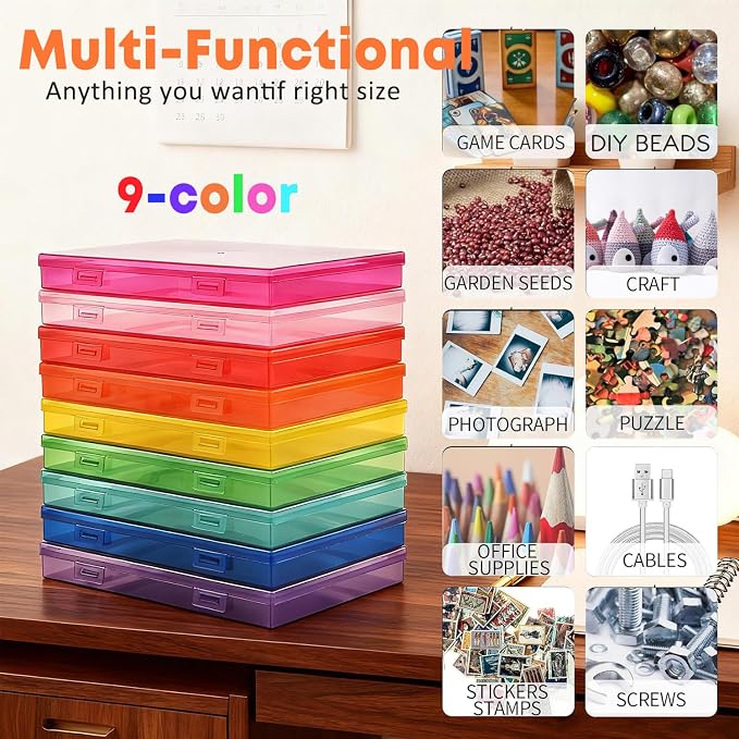 NINU Photo Storage Box with Handle, 5" x 7" Photo Organizer Storage Container with 18 Inner Case and 1 Sheet Blank Labels for Pictures, Arts, Crafts, Sewing, Seeds, Office Supplies (Colorful)