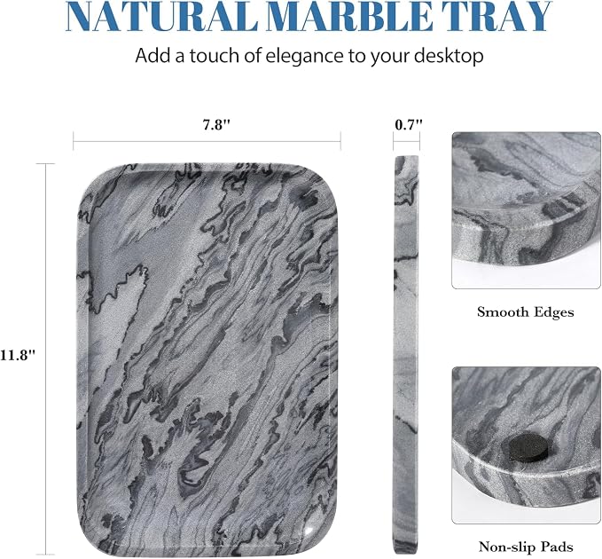 Koville Marble Tray, 12"x8" Natural Marble Vanity Tray for Countertop Bathroom Kitchen Dresser, Decorative Marble Catchall Trays for Perfume Jewelry(Grey)