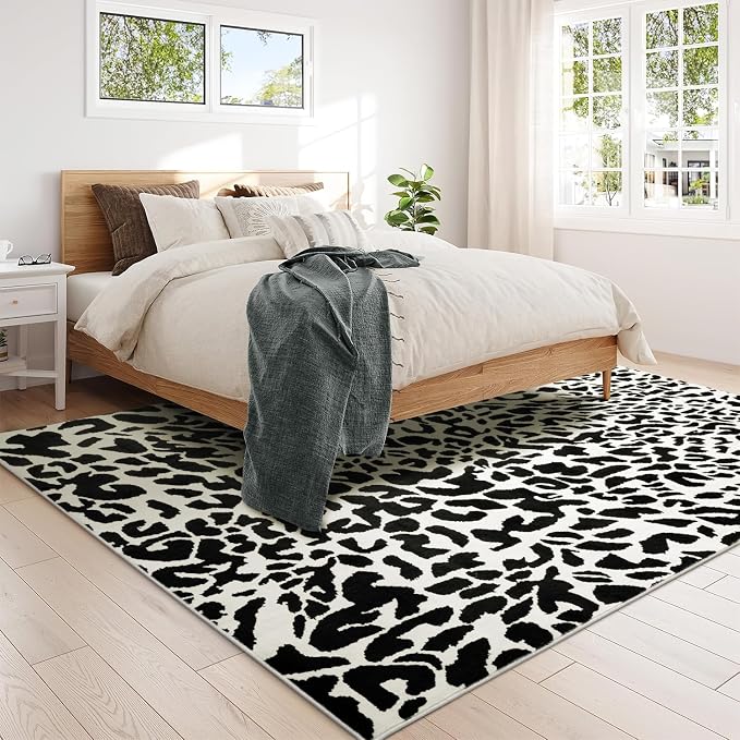 Leopard Rug for Living Room, Black and White Cute Cheetah Print Rug Modern Washable Animal Printed Rugs for Bedroom, Girls Boys Dorm Room Nursery Room, Playroom, 8x10