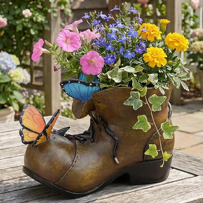 Unique Rustic Boot Planter for Outdoor Indoor Plants - Colorful Resin Pot with Butterfly for Garden Farmhouse Office Decor - Cute Decorative Pot for Succulents Flowers
