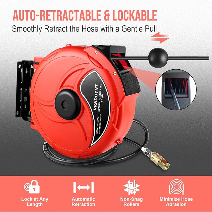 Retractable Air Hose Reel, 1/4 in x 50 FT Hybrid Polymer Hose, Air Compressor Hose Reel with 5 ft Lead in, Ceiling/Wall Mount Enclosed Air Reel, 180° Swivel Mount, Red/Black