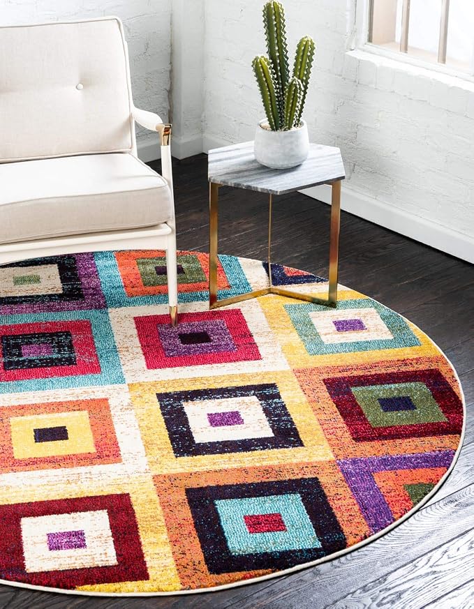Unique Loom Estrella Collection Colorful, Geometric, Squares Modern, Abstract Area Rug (6' 0 x 6' 0 Round, Multi/Beige)