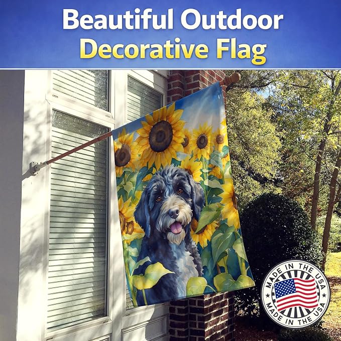 Caroline's Treasures DAC6143CHF Portuguese Water Dog in Sunflowers House Flag Large Porch Sleeve Pole Decorative Outside Yard Banner Artwork Wall Hanging, Polyester, House Size, Multicolor