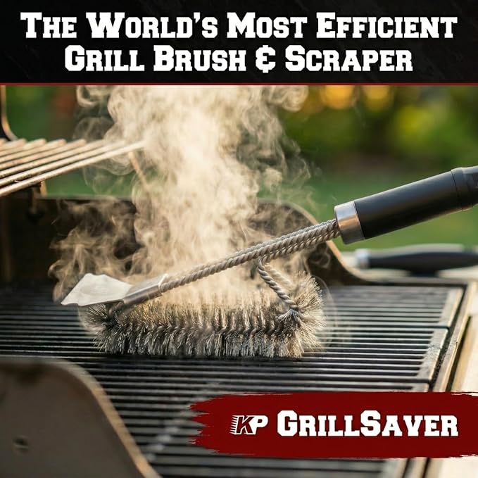 Kitchen Perfection BBQ Grill Brush & Scraper for Outdoor Grill - GrillSaver | Grill Cleaning Kit -Safe Wire Brush with Replaceable Head, Magnetic Hanger, Bottle Opener & Ebooks Full of Grilling Recipes