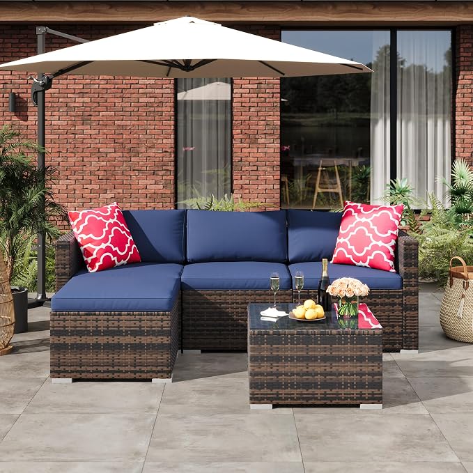 5-Piece Outdoor Sectional Sofa Set, All-Weather PE Rattan Patio Furniture with Ottoman & Tempered Glass Table, Convertible Garden Couch for Backyard, Porch, Poolside (Brown/Dark Blue)
