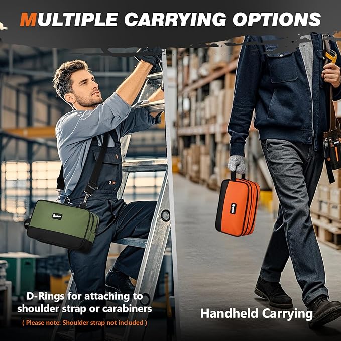 12 10" Small Tool Bag 2 Pack, Zipper Tool Pouch 2 Compartments, Utility ToolBag with Carrying Handle, Toolbox Organization, Screwdriver Storage Tool Box, Mechanic Men Dad Gifts, Orange/Green