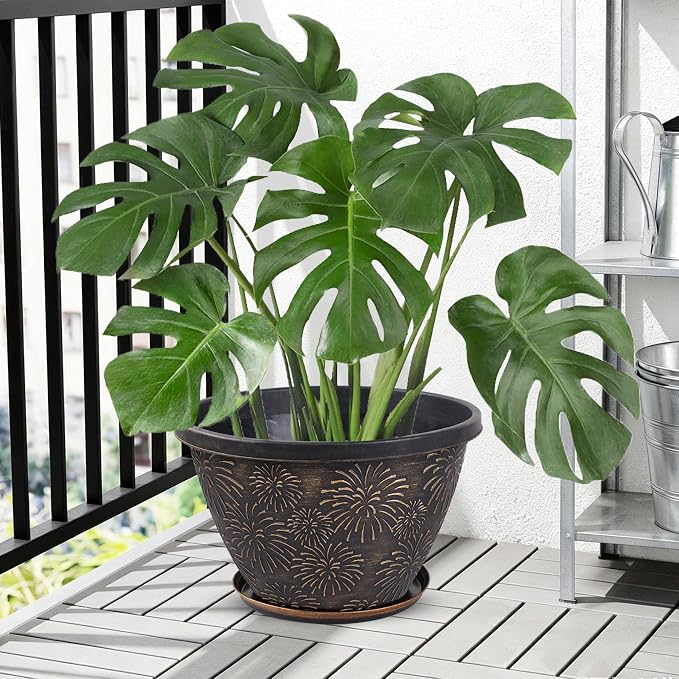 Nooulap 4 Pack 12 Inch Plant Pots with Drainage Holes and Saucers, Large Plastic Flower Pots for Outdoor Indoor Medium Planters, Shrubs Home Garden Patio Decor, Antique Gold Firework Embossed Design