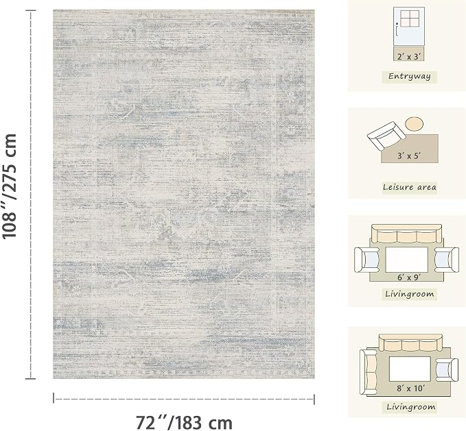 Latte&Fog Vintage Blue Rugs for Living Room, Washable Vintage 6x9 Area Rugs | for Bedroom Dining Kitchen Kids Playroom Nursery Classroom Dorm Farmhouse Office, Non Slip Low Pile Soft Floral Carpet Indoor