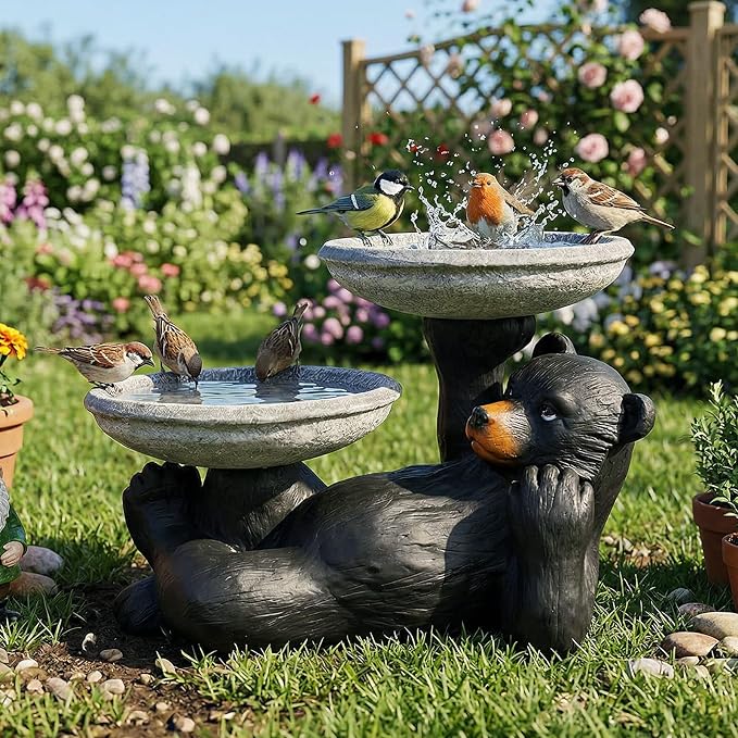 SunJet 18" Fibre Reinforced Concrete Outdoor Birdbath, 2-Tier Black Bear Bird Bath & Bird Feeder, Bird Bath Garden Decor with Dual Basins for Patio, Backyard, Lawn