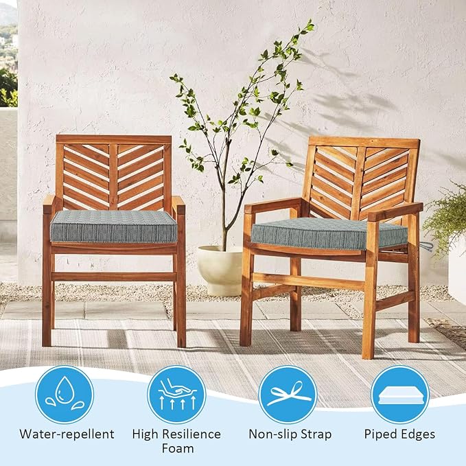 18.5 x 16 Inch Outdoor Chair Cushions with Tie Straps, Set of 4 Thick Water Repellent Rectangle Patio Chair Pads for Garden Lawn Patio Furniture, Grey Linen Stripe