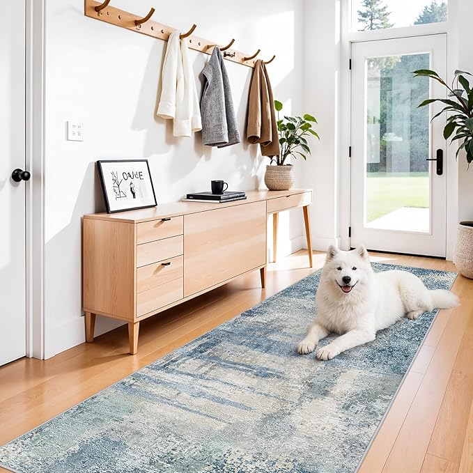 3x10 Abstract Modern Extra Long Runner:Non Slip Washable Rug Blue | Indoor Hallway Carpet for Long Entryways, Kitchen, Bedroom - Soft Thin Low Pile Floor Runners for High Traffic Areas