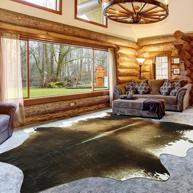 Large Washable Non Slip Faux Cowhide Rug 6x7 Brindle and White, Speckled Cow Print Area Rugs for Living Room, Cruelty-Free Animal Skin Carpet, Western Rustic Room Decor Aesthetic