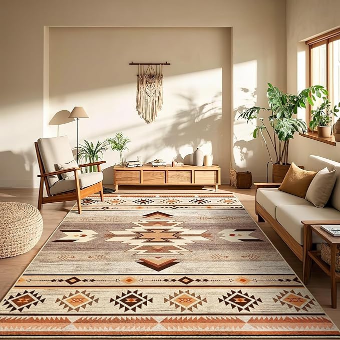 BENRON Western Area Rugs for Living Room Bedroom 4x6, Washable, Warm Beige | Non Slip Southwest aztec Rustic Rugs for Dining Table Kitchen Home Decor
