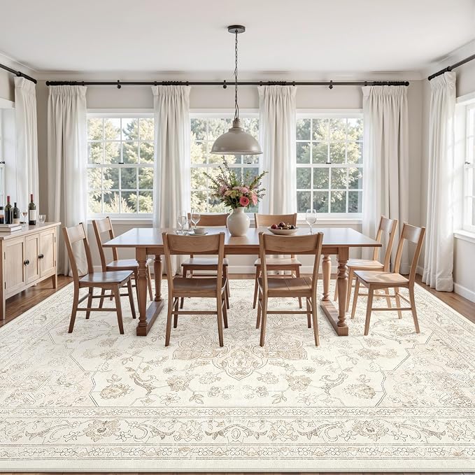 6x9 Area Rugs Living Room: Bedroom Washable Carpet Beige White | Vintage Boho Soft Small Indoor Decor Floor Non-Slip Low Pile Neutral Farmhouse Entryway Laundry Bathroom Bedroom Beside Rugs