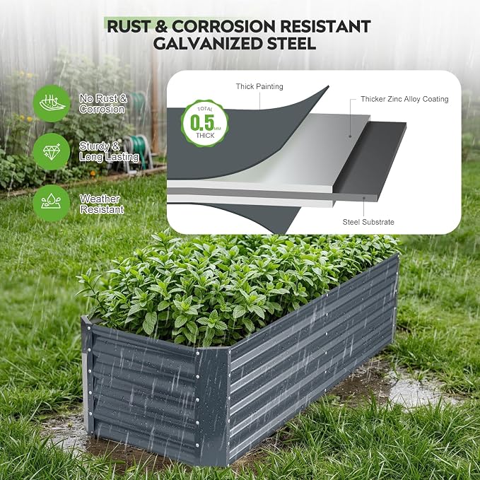6×2×1.4ft Galvanized Raised Garden Bed Kit, Metal Planter Boxes Outdoor, High Raised Beds for Vegetables, Fruits, and Flowers - IronGrey