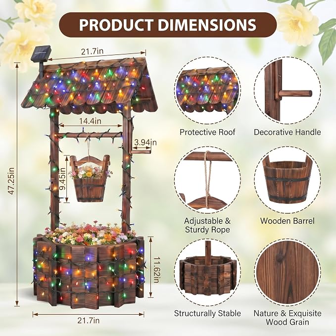 Wooden Wishing Well Planter With Light,4 Reinforced Rods,Dual Tier Planting | 8 Custom Lighting Modes, Adjustable Hanging Bucket, Multi-Yard Decor, Seasonal Plant Friendly, Easy Installation