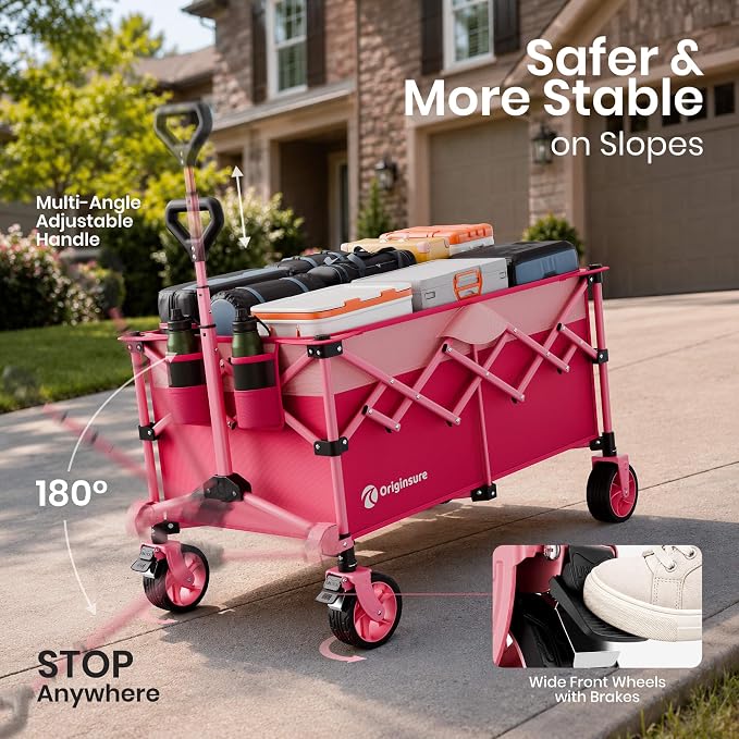 220L Collapsible Wagon Cart Foldable, 38" L Extra Large Heavy Duty Folding Beach Wagons with All-Terrain Wheels, Utility Carts for Camping, Sports, Shopping, Groceries - Pink