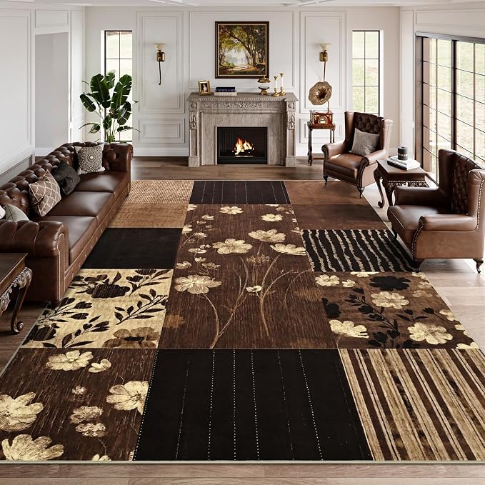 DweIke Floral Rugs for Living Room, 6x9 Washable Area Rug for Dining Room Farmhouse Office Bedroom Decor, Geometric Patchwork Stain Resistant Low Pile Indoor Floor Throw Rugs, Dark Brown